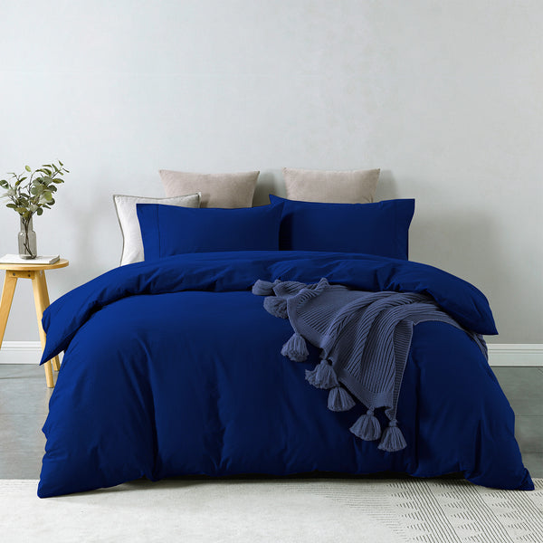 Royal Comfort Vintage Washed 100 % Cotton Quilt Cover Set Double - Royal Blue - Lets Party