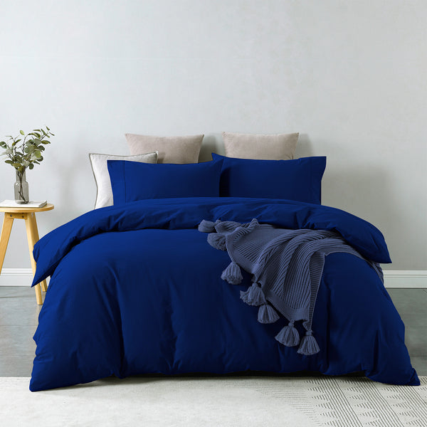 Royal Comfort Vintage Washed 100 % Cotton Quilt Cover Set King - Royal Blue - Lets Party