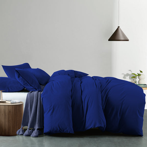 Royal Comfort Vintage Washed 100 % Cotton Quilt Cover Set King - Royal Blue - Lets Party