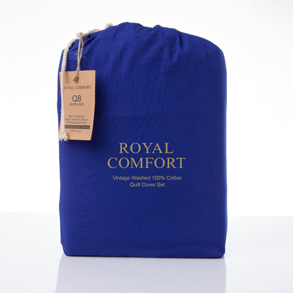 Royal Comfort Vintage Washed 100 % Cotton Quilt Cover Set King - Royal Blue - Lets Party