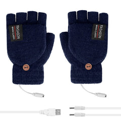 Winter Electric Rechargeable Mitten Heated Gloves Half Finger W/Hat USB Knitted