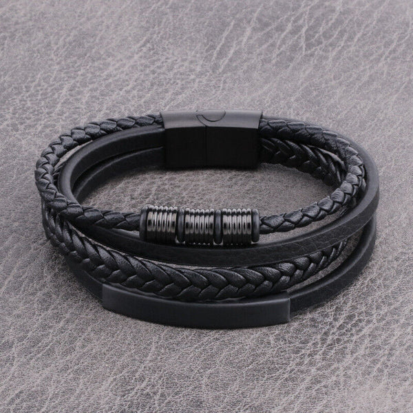 Men's Stainless Steel Leather  Bracelet Multilayer Braided Cuff Magnetic ClaspAU