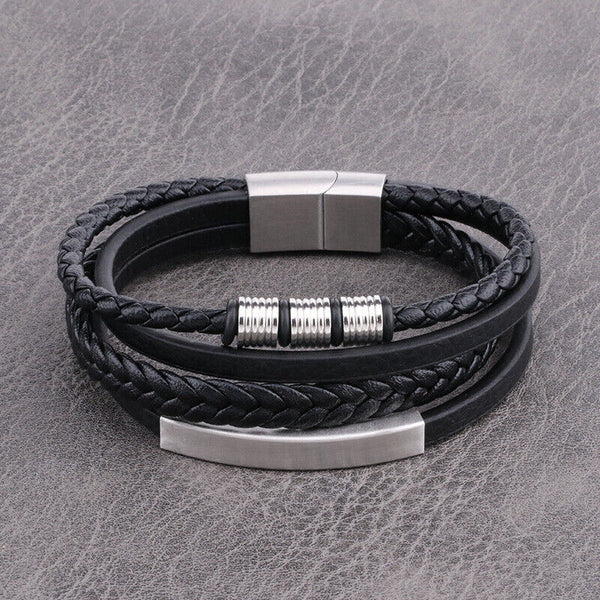 Men's Stainless Steel Leather  Bracelet Multilayer Braided Cuff Magnetic ClaspAU