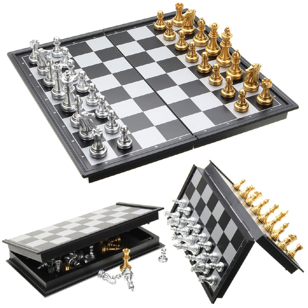 Foldable Magnetic Silver Gold Chess Box Set/Educational Board Contemporary Tool - Lets Party