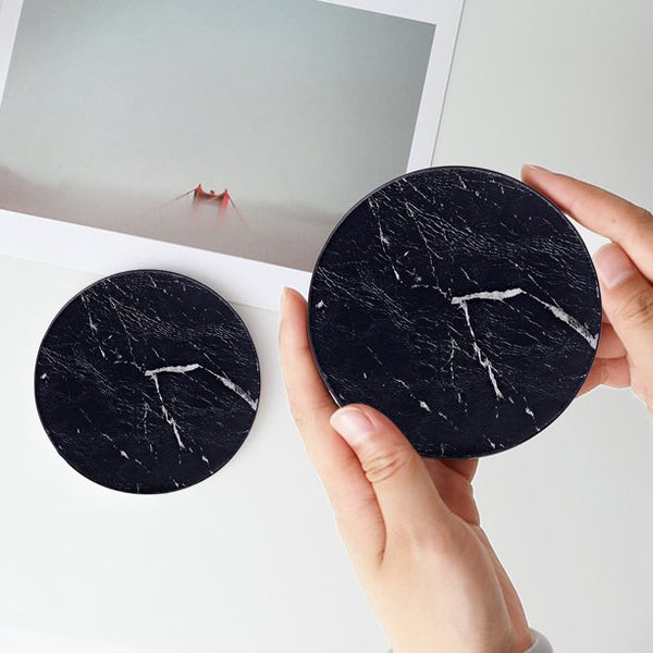 Coasters For Drinks 6 Piece with Holder Marble Texture Round Cup Mat Pad Set - Lets Party