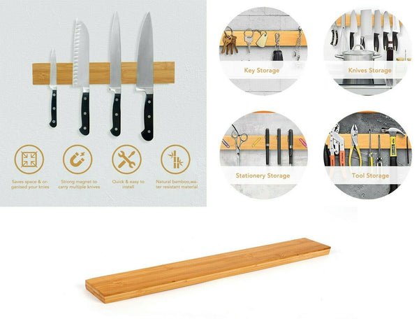 Bamboo Magnetic Knife Storage Holder Strip Bar Wall Mounted Cutlery Rack 40CM - Lets Party