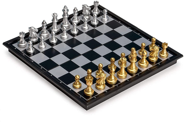 Foldable Magnetic Silver Gold Chess Box Set/Educational Board Contemporary Tool - Lets Party