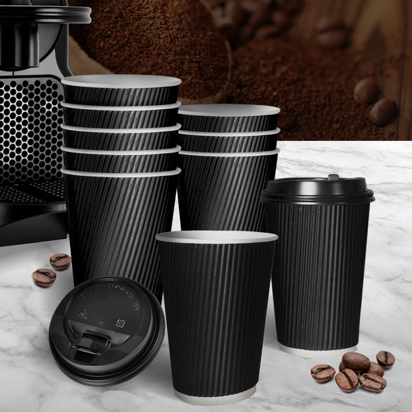 100 Pcs 12oz Disposable Takeaway Coffee Paper Cups Triple Wall Take Away w Lids - Lets Party