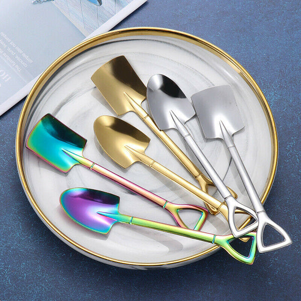 4X Portable Stainless Steel Kitchen Cutlery Tools Retro Shovel Dessert Spoons Se - Lets Party