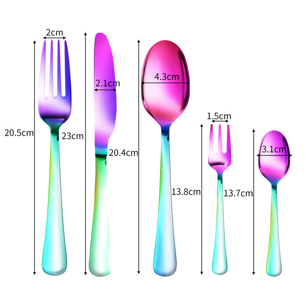 Stainless Steel Cutlery Set Glossy Knife Fork Spoon Teaspoon Child Rainbow 30pcs - Lets Party