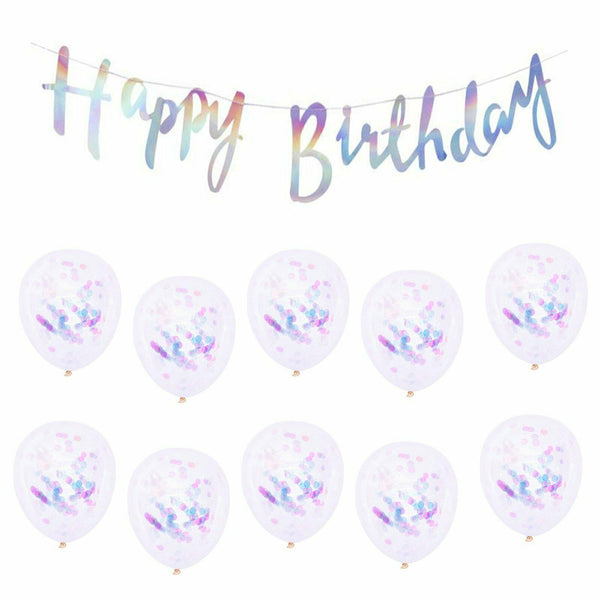 Silver Pearl Happy Birthday Banner 30cm Clear Confetti Sequins Latex Balloons Party - Lets Party
