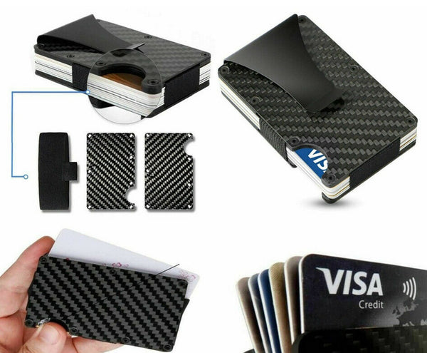 Men Slim Carbon Fiber Credit Card Holder RFID Blocking Metal Wallet Money Clip - Lets Party