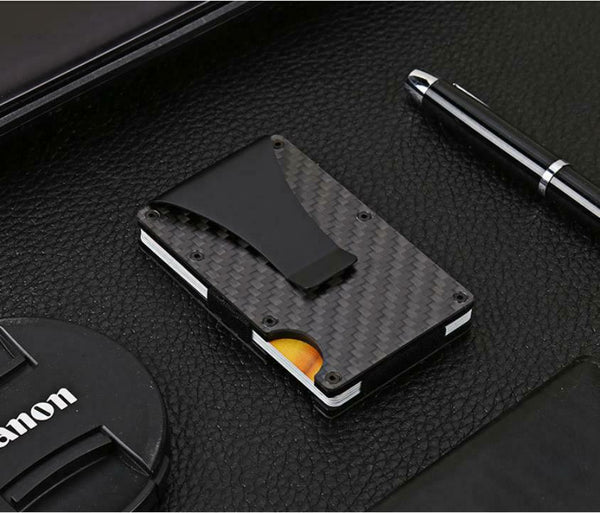 Men Slim Carbon Fiber Credit Card Holder RFID Blocking Metal Wallet Money Clip - Lets Party