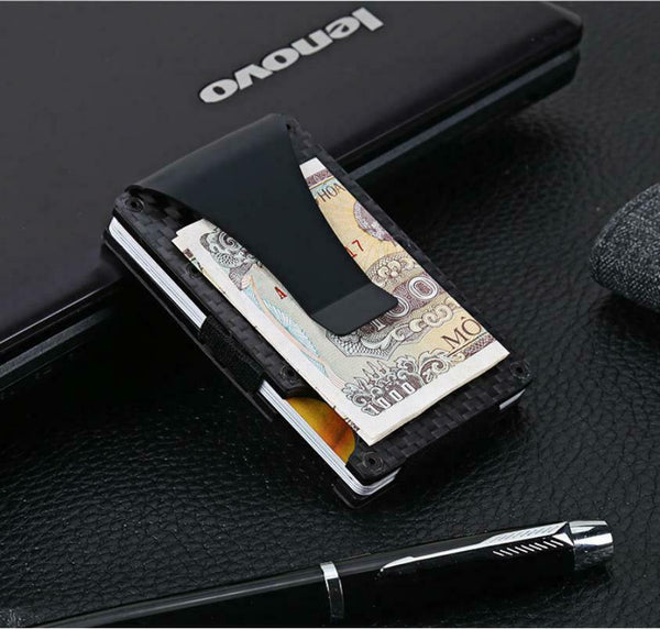 Men Slim Carbon Fiber Credit Card Holder RFID Blocking Metal Wallet Money Clip - Lets Party