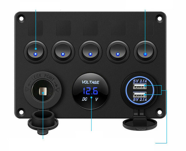 5 Gang 12V Switch Panel Control USB ON-OFF Rocker Toggle For Car Boat Marine New - Lets Party