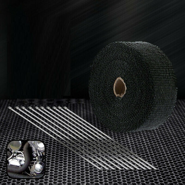 Heat Resistant 2000F Exhaust Wrap Black 15M*50mm + 10 Stainless Steel Ties - Lets Party