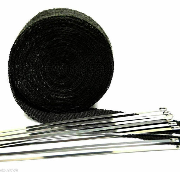 Heat Resistant 2000F Exhaust Wrap Black 15M*50mm + 10 Stainless Steel Ties - Lets Party