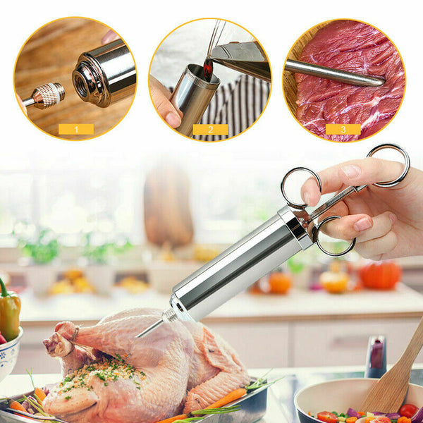 2oz Stainless Steel Meat Marinade Injector Flavor Needle BBQ Turkey Pork Cooking - Lets Party