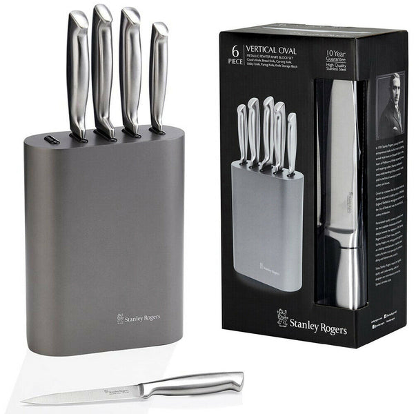 STANLEY ROGERS 6pc vertical oval metallic pewter knife block set stainless steel - Lets Party