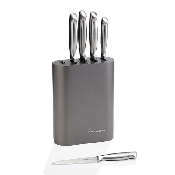 STANLEY ROGERS 6pc vertical oval metallic pewter knife block set stainless steel - Lets Party