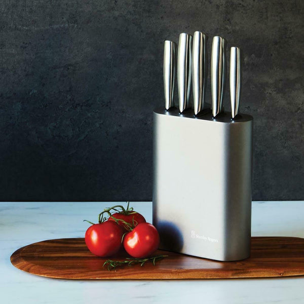 STANLEY ROGERS 6pc vertical oval metallic pewter knife block set stainless steel - Lets Party