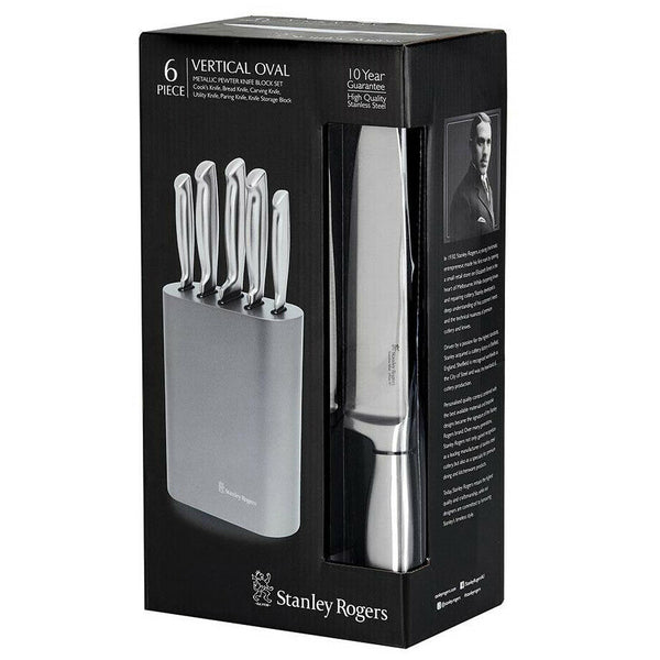 STANLEY ROGERS 6pc vertical oval metallic pewter knife block set stainless steel - Lets Party