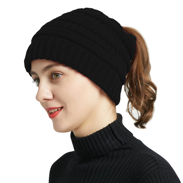Women's Ponytail Beanie Skull Cap Winter Warm Stretch Cable Knit High Bun Hat - Lets Party