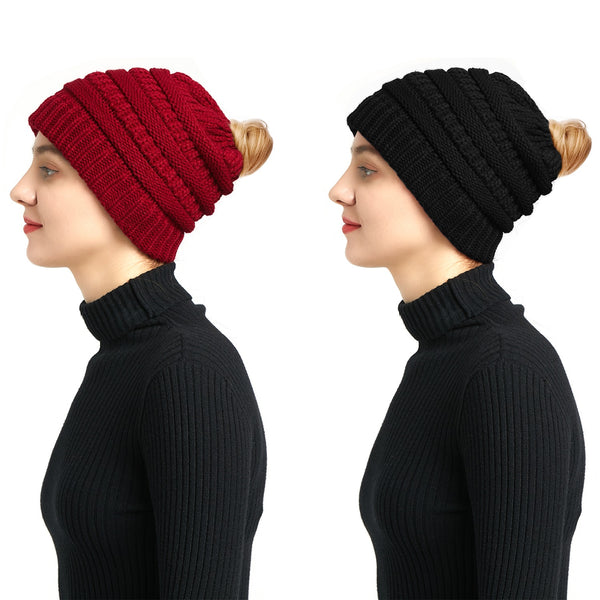 Women's Ponytail Beanie Skull Cap Winter Warm Stretch Cable Knit High Bun Hat - Lets Party