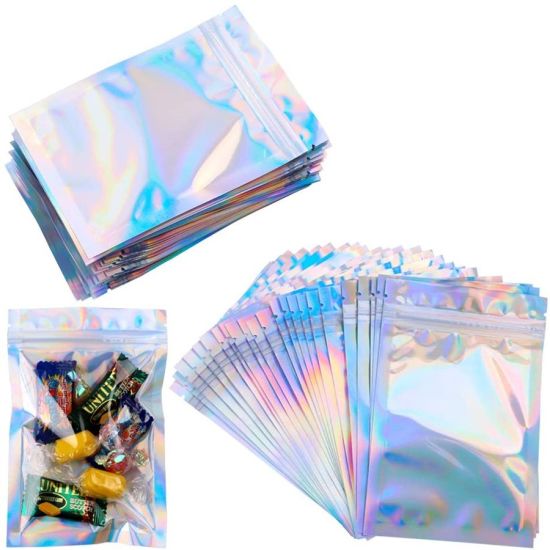 100PCS Foil Packaging Bags Zipper Seal Storage Pouch Holographic Rainbow Colour - Lets Party