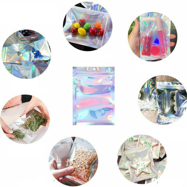 100PCS Foil Packaging Bags Zipper Seal Storage Pouch Holographic Rainbow Colour - Lets Party