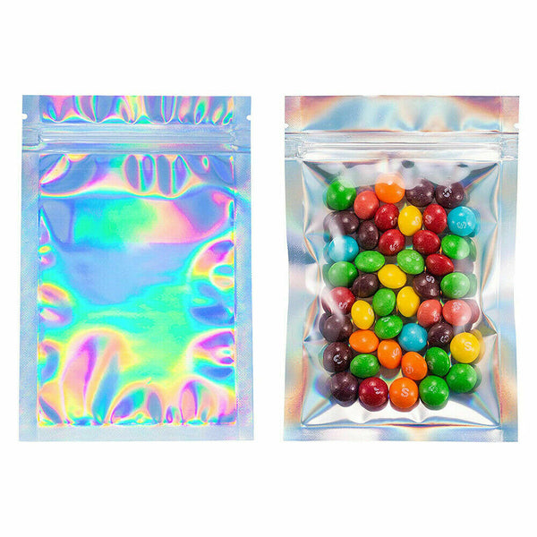 100PCS Foil Packaging Bags Zipper Seal Storage Pouch Holographic Rainbow Colour - Lets Party