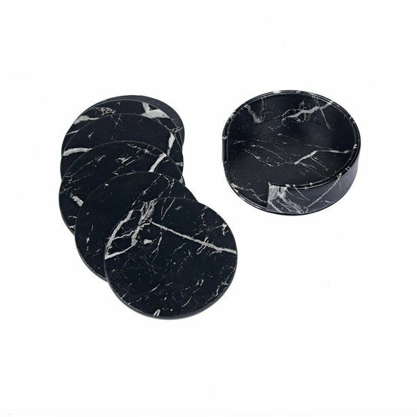 Coasters For Drinks 6 Piece with Holder Marble Texture Round Cup Mat Pad Set - Lets Party