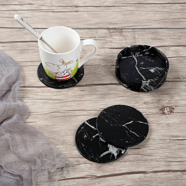 Coasters For Drinks 6 Piece with Holder Marble Texture Round Cup Mat Pad Set - Lets Party