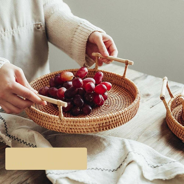 Round Rattan Bread Basket Woven Tea Tray With Handles Home Dinner Serving Decor. - Lets Party