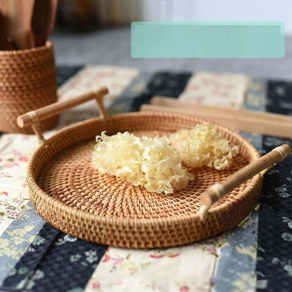 Round Rattan Bread Basket Woven Tea Tray With Handles Home Dinner Serving Decor. - Lets Party