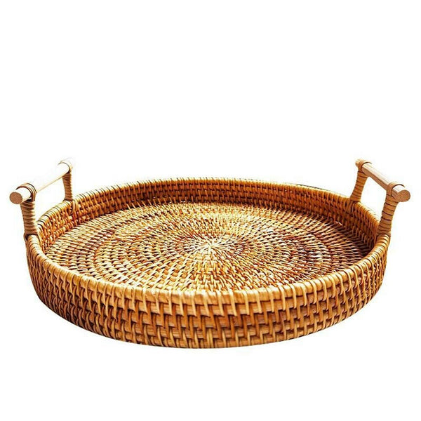 Round Rattan Bread Basket Woven Tea Tray With Handles Home Dinner Serving Decor. - Lets Party