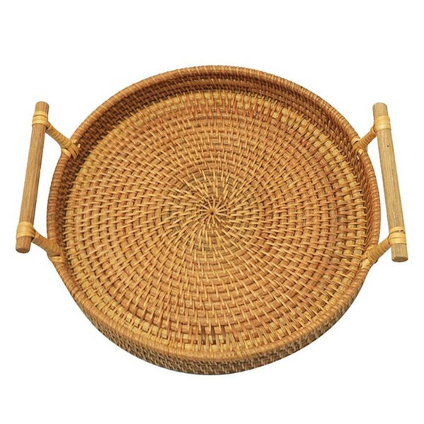 Round Rattan Bread Basket Woven Tea Tray With Handles Home Dinner Serving Decor. - Lets Party