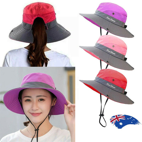 Women Wide Brim Ponytail Hat UV Sun Visor Protection Summer Beach Floppy Cap AU - Lets Party