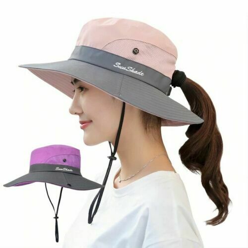 Women Wide Brim Ponytail Hat UV Sun Visor Protection Summer Beach Floppy Cap AU - Lets Party