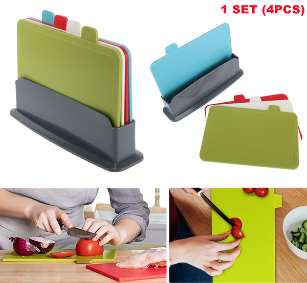 4x Coloured Index Cutting Chopping Board with Stand Holder Juice Groove Plastic - Lets Party