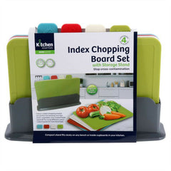 4x Coloured Index Cutting Chopping Board with Stand Holder Juice Groove Plastic
