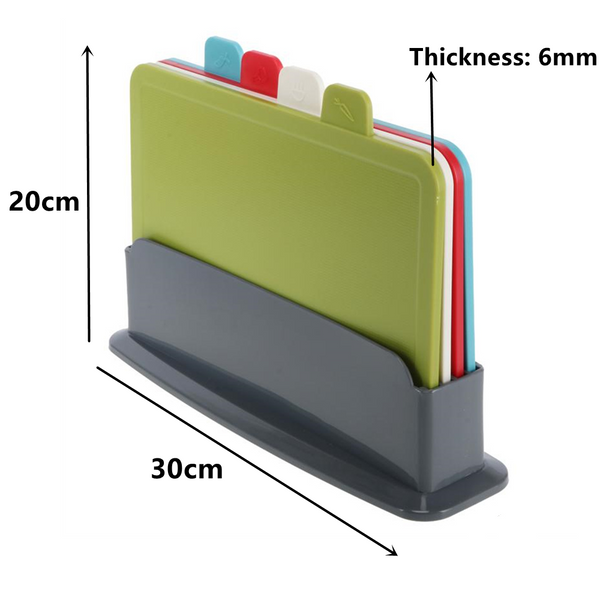 4x Coloured Index Cutting Chopping Board with Stand Holder Juice Groove Plastic - Lets Party