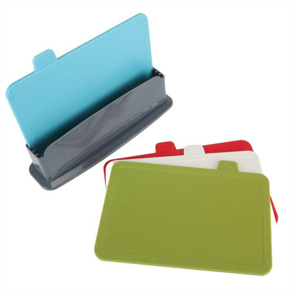 4x Coloured Index Cutting Chopping Board with Stand Holder Juice Groove Plastic - Lets Party