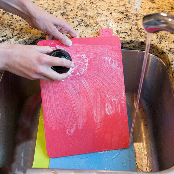 4x Coloured Index Cutting Chopping Board with Stand Holder Juice Groove Plastic - Lets Party