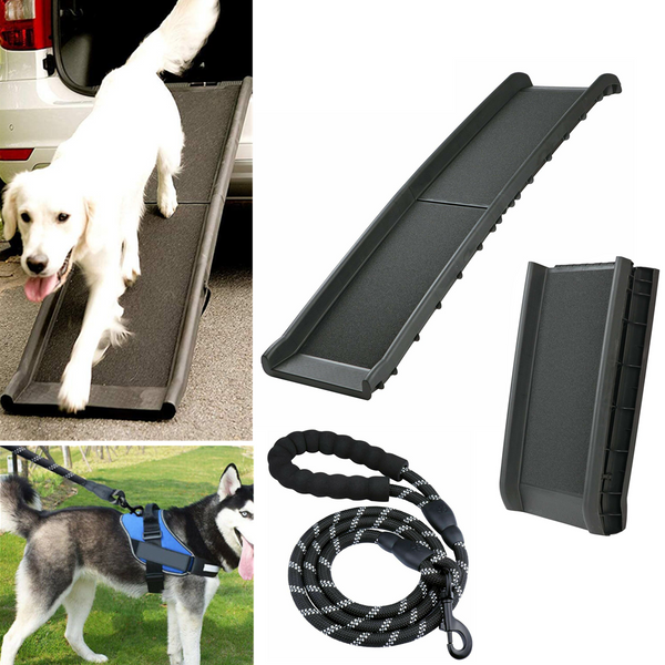 Folding Car Dog Ramp Portable Step Ladder & Strong Dog Training Leash Padded Lead - Lets Party