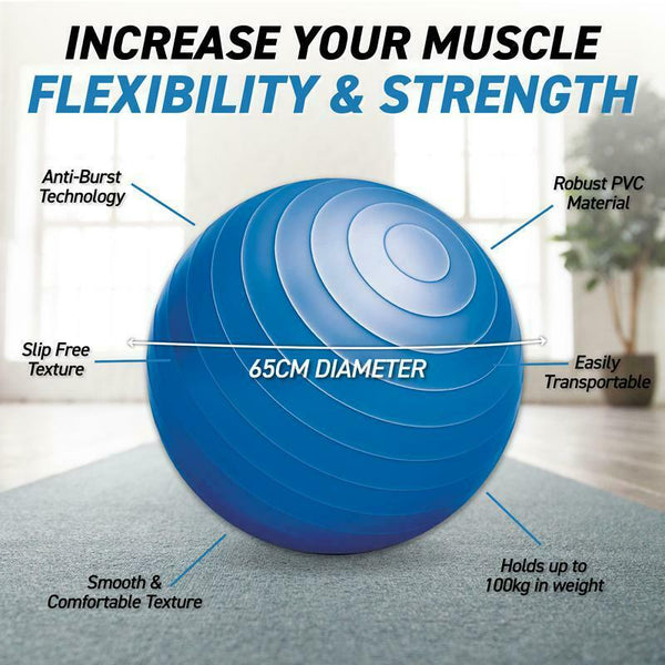 Exercise Gym Ball 65cm Anti Slip Texture Balance Strength Blue Au New - Lets Party