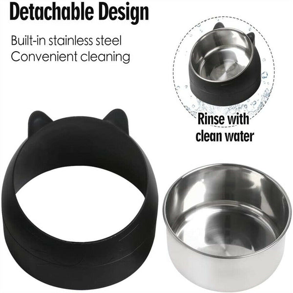 200ml Pet Cat Dog Bowl Tilted Food Water Feeder No Slip Raised Stainless Steel - Lets Party