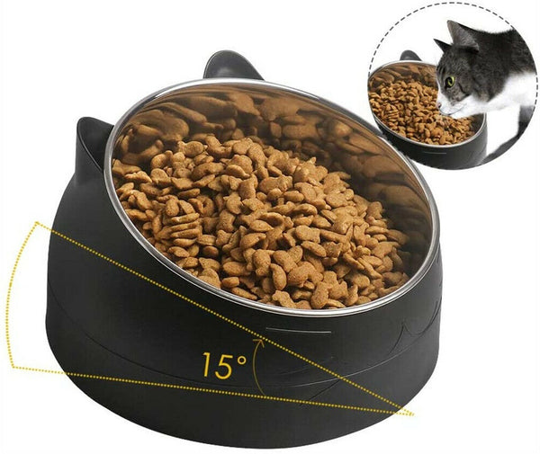 200ml Pet Cat Dog Bowl Tilted Food Water Feeder No Slip Raised Stainless Steel - Lets Party