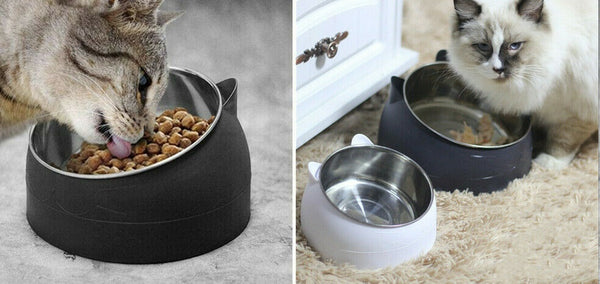 200ml Pet Cat Dog Bowl Tilted Food Water Feeder No Slip Raised Stainless Steel - Lets Party