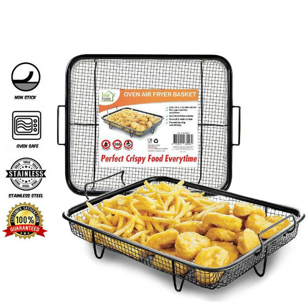 2x Oven Air Fry Chips Baking Crisper Basket Rack Non Stick Roasting Dish Veg - Lets Party